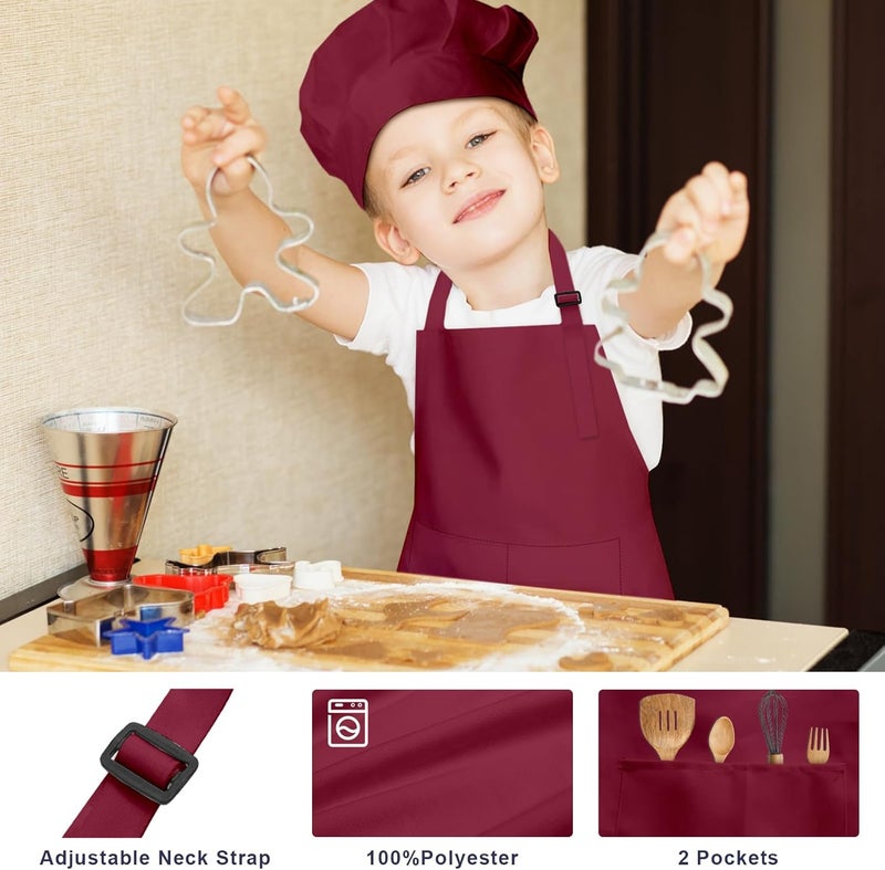 IAGBIBUI Kids Apron and Chef Hat Set, 16 Pieces Boys Girls Kids Apron with 2 Pockets Adjustable for Cooking Classroom Baking Painting, 6-13 Years, Bright Color - Image 4